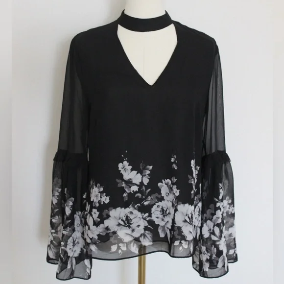 Black High Neck Blouse with Bell sleeve from White House Black Marker - Picture 1 of 6